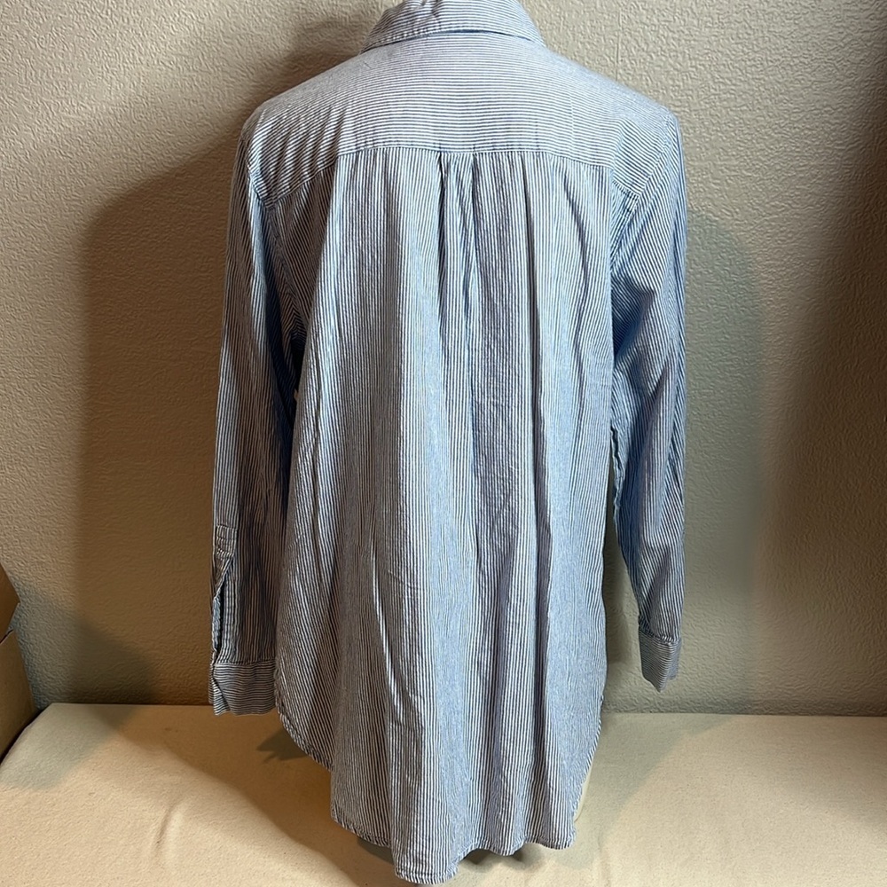 New York & Company Blue Striped Button-Down Shirt with Floral Embroidery - Picture 5 of 6